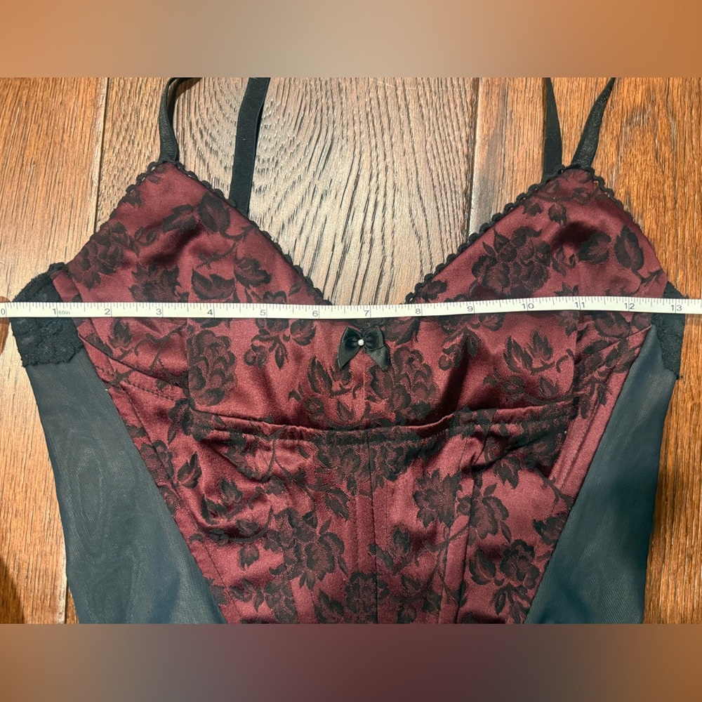LE CHATEAU VINTAGE WOMEN’S FLORAL SATIN CORSET TOP, SIZE SMALL, BLACK - Picture 11 of 13